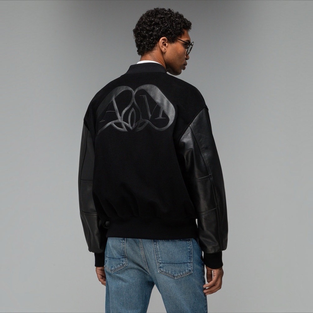 Alexander McQueen Seal Appliqué Cashmere Leather Varsity Bomber Jacket Sz 52 XL